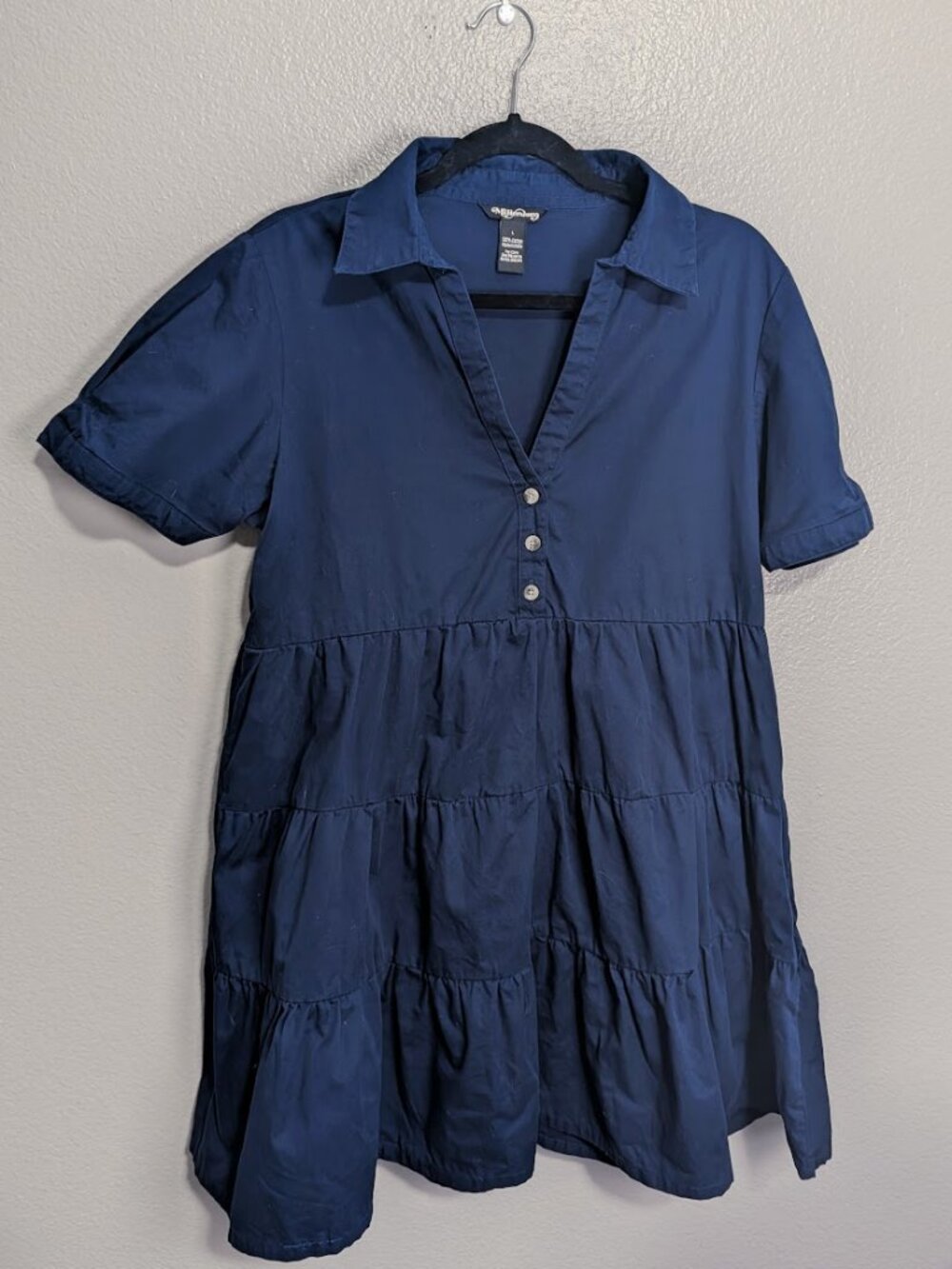 Millenium Navy Tiered Babydoll Dress Collared Short Sleeve Size L Cottagecore